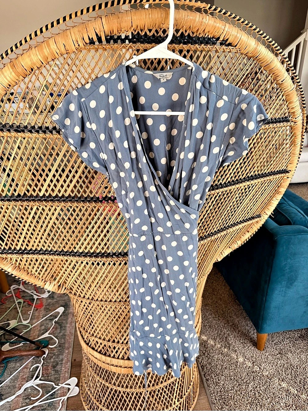 Ruby Polka Dot Wrap Midi Dress in Blue & White
